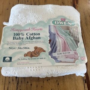 Vintage Owen Honeycomb Hearts Baby Afghan Crib Blanket Jacquard White Cotton NEW